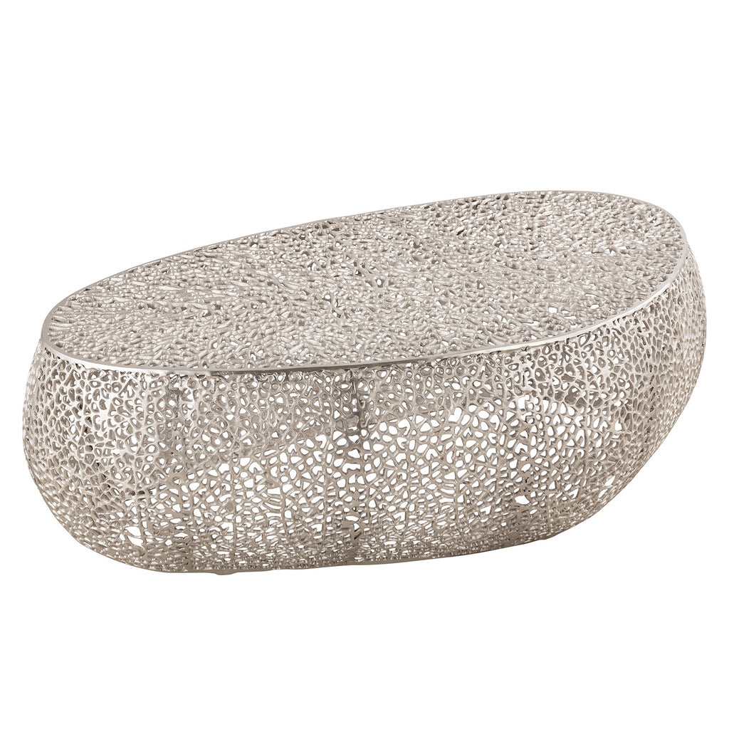 T3601-50 Modern Oval Coffee Table in Silver with Casted Aluminum Frame, Contemporary Living Room Accent Table