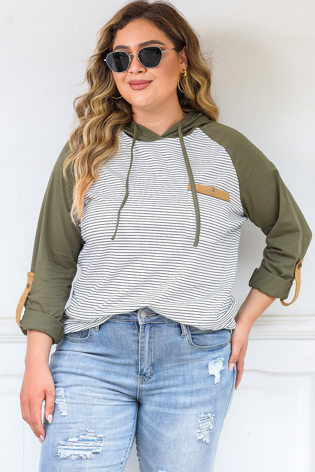 Black Striped Raglan Sleeve Pocket Plus Size Hoodie - Eloy Royal