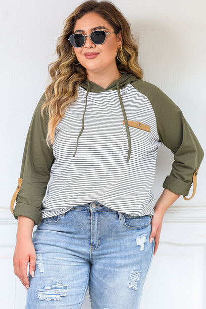 Black Striped Raglan Sleeve Pocket Plus Size Hoodie - Eloy Royal