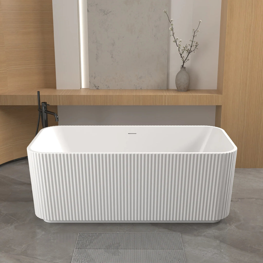 59'Rectangle Linear Acrylic Freestanding Bathtub Stand Alone Soaker Tub, Glossy White Acrylic, POP-UP Chrome Drain, cUPC Certified, - Eloy Royal