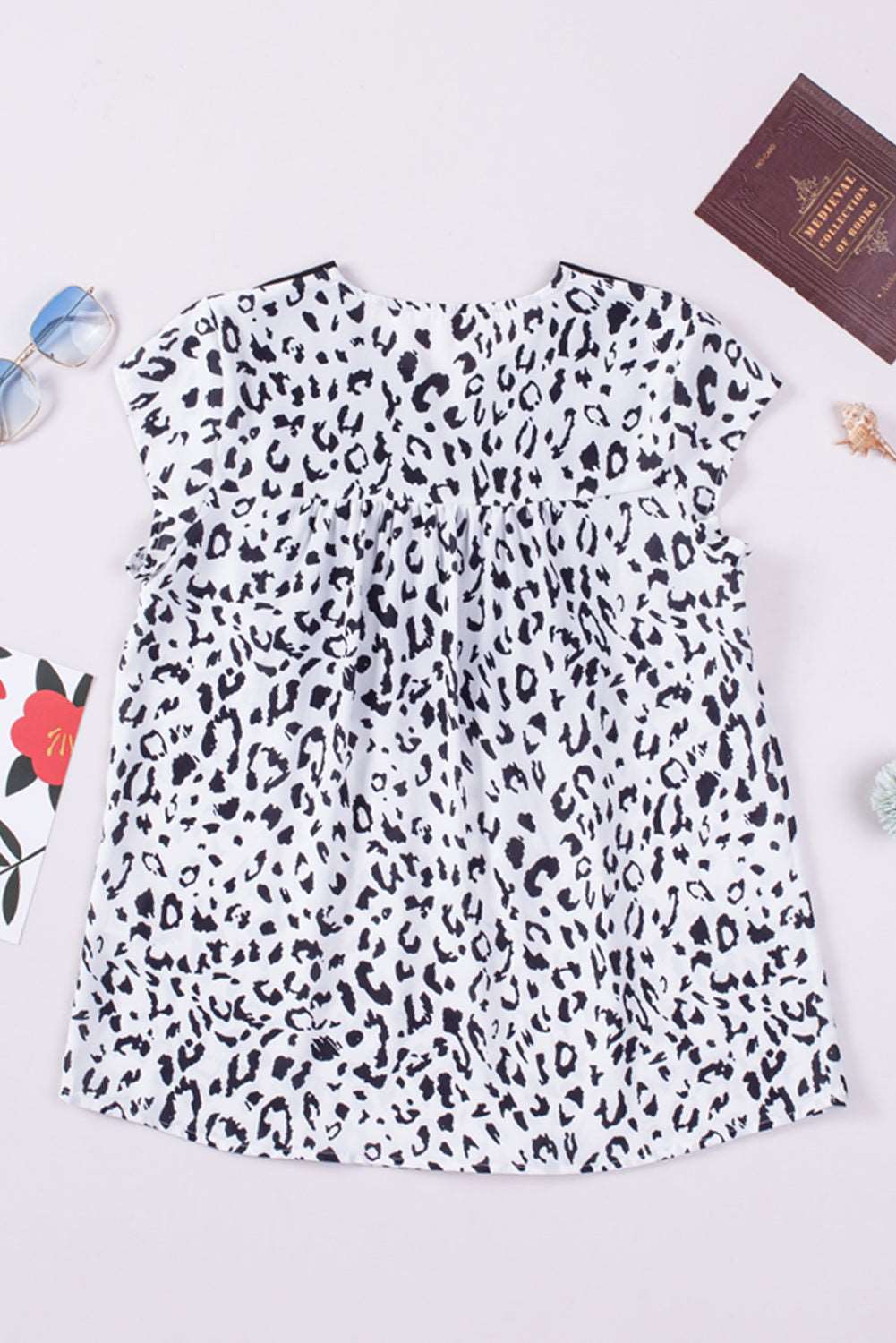 Black & White Animal Print Flower Embroidered Tunic Short Sleeve Top