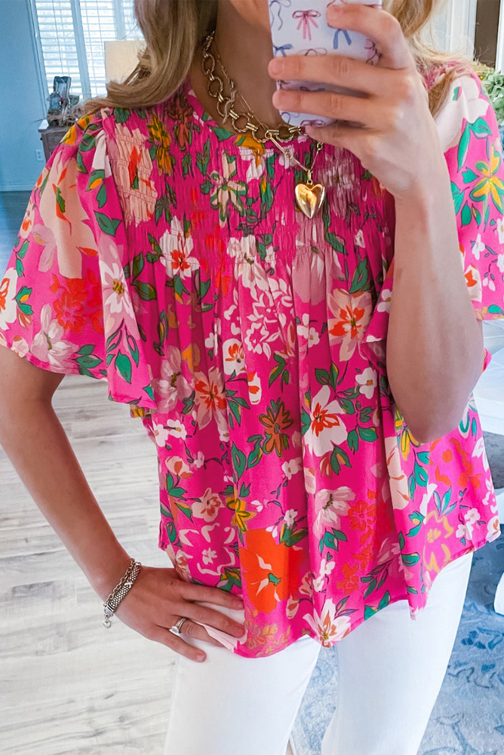 Pink Floral Print Flounce Sleeve Smocked Blouse - Eloy Royal