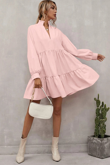 Pink Casual Stand V Neck Short Frill Dress - Eloy Royal