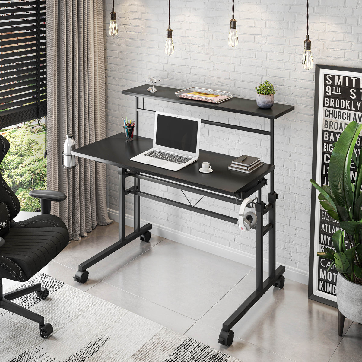 Rolling Writing Desk with Height Adjustable Desktop and Moveable Shelf, Black