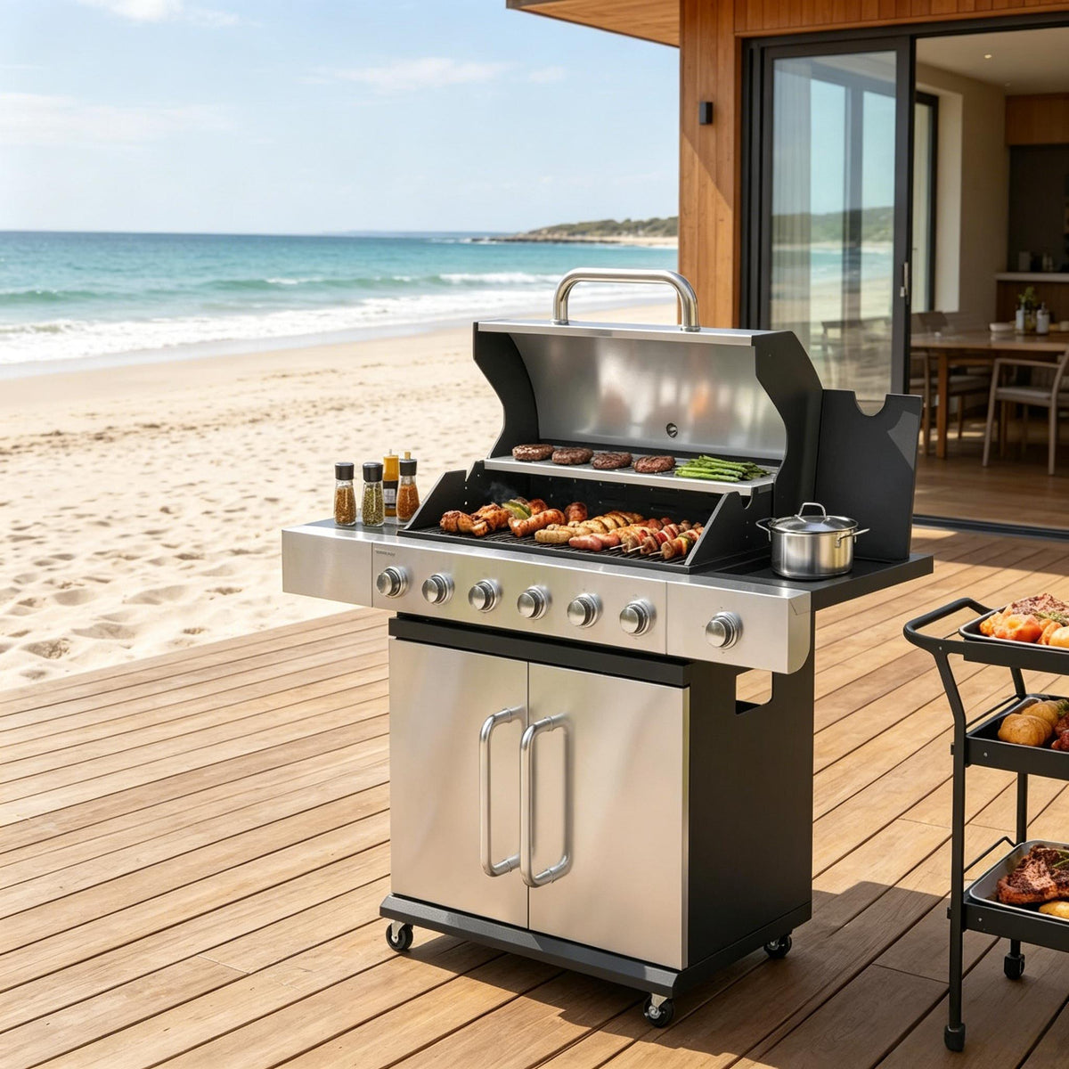 Outdoor Barbecue Propane Gas Grill, 6 Main Burners + Side Burner, Cast Iron Grates, Rolling Wheels, Side Prep Tables & Storage Cabinet