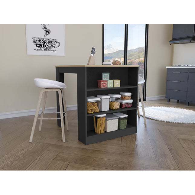 Tanna Kitchen Counter Dining Table ,Two Legs, Three Side Shelves -Black / Pine
