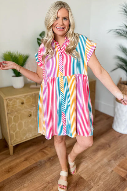 Multicolour Striped Patchwork Hidden Pocket Short Sleeve Mini Dress - Eloy Royal