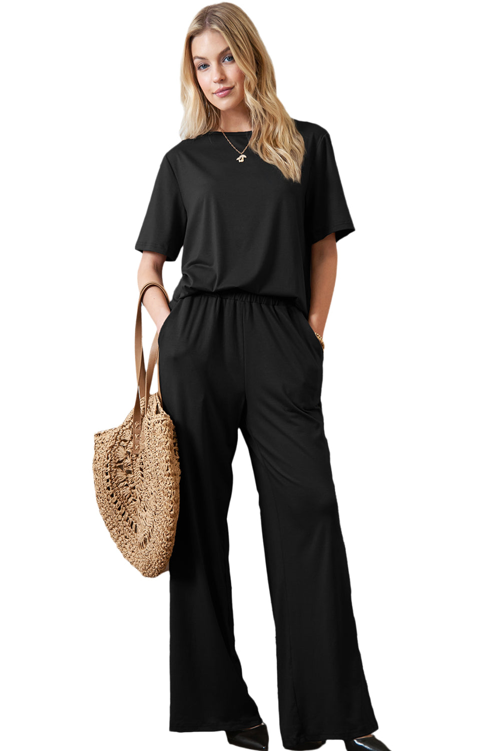 Smoke Gray Solid Color T-Shirt and Wide Leg Pants Set - Eloy Royal