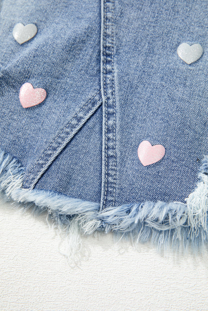 Beau Blue Shimmer Heart Pattern Distressed Denim Mini Skirt