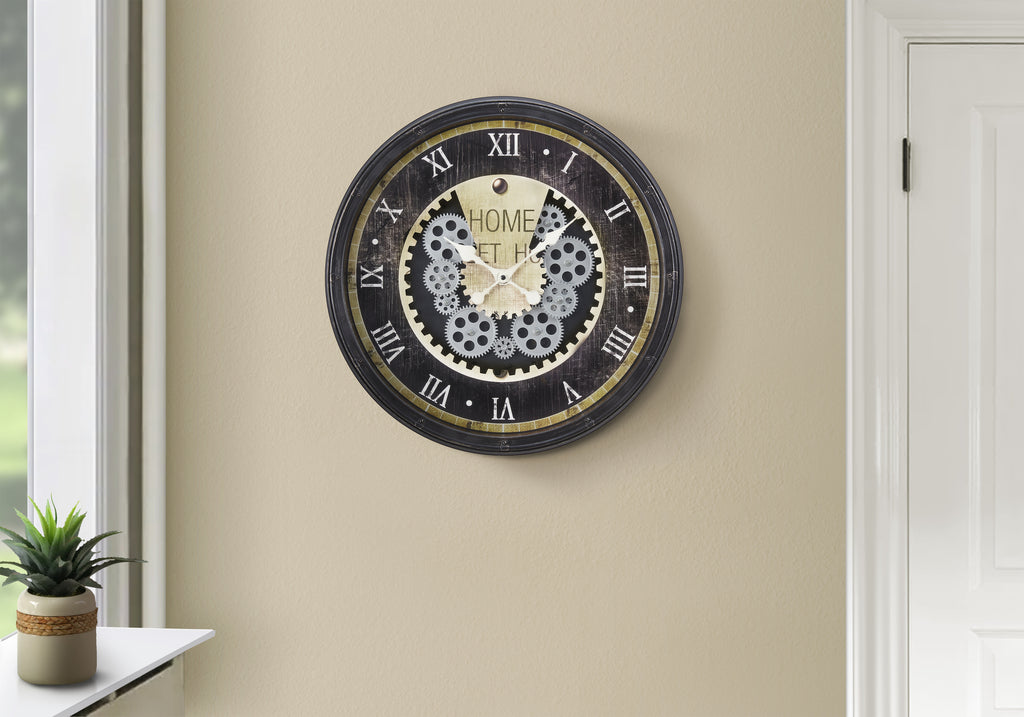 Clocks, 20' Round, Gear Mechanism, Wall Clock, Brown, Transitional