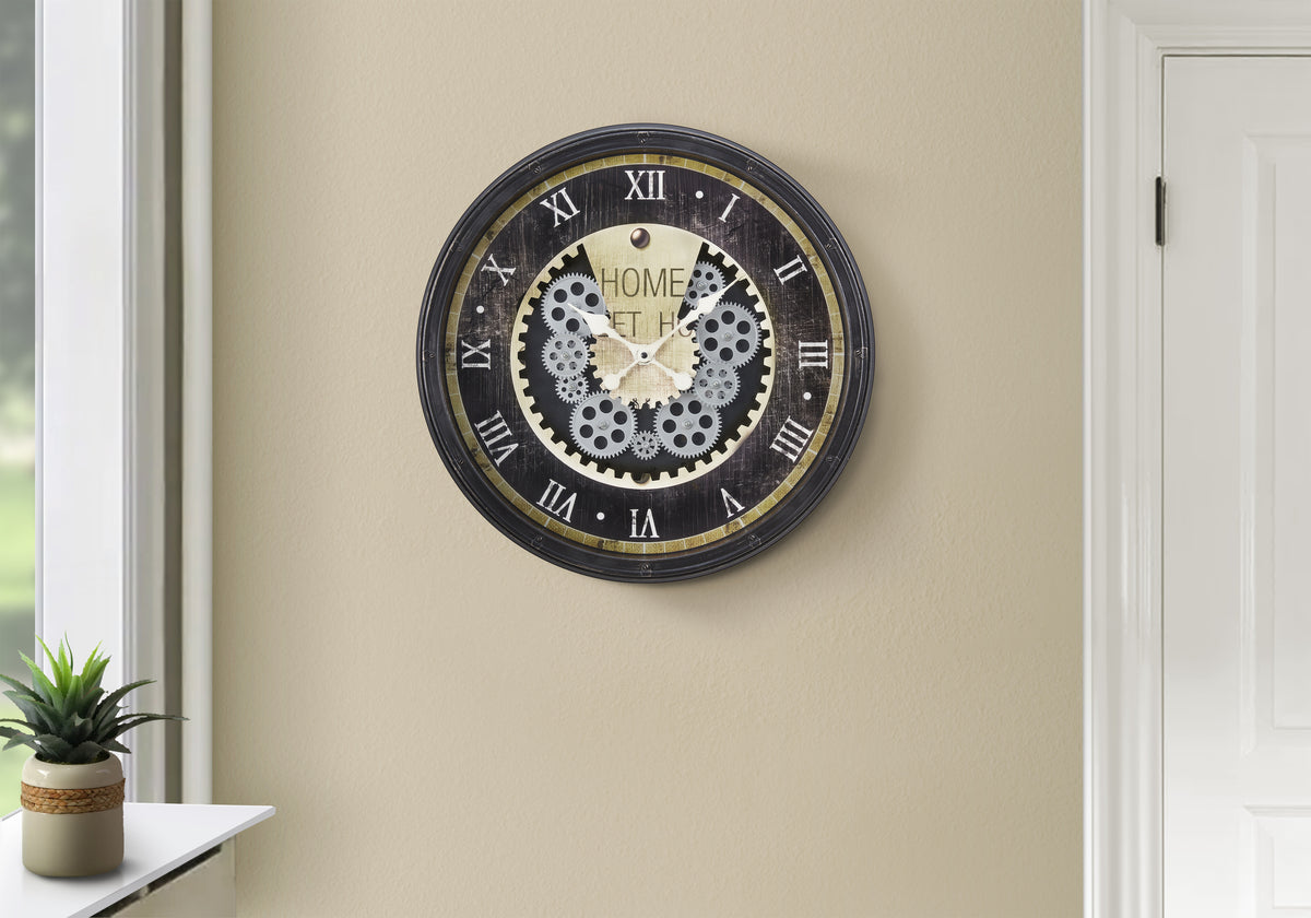 Clocks, 20' Round, Gear Mechanism, Wall Clock, Brown, Transitional