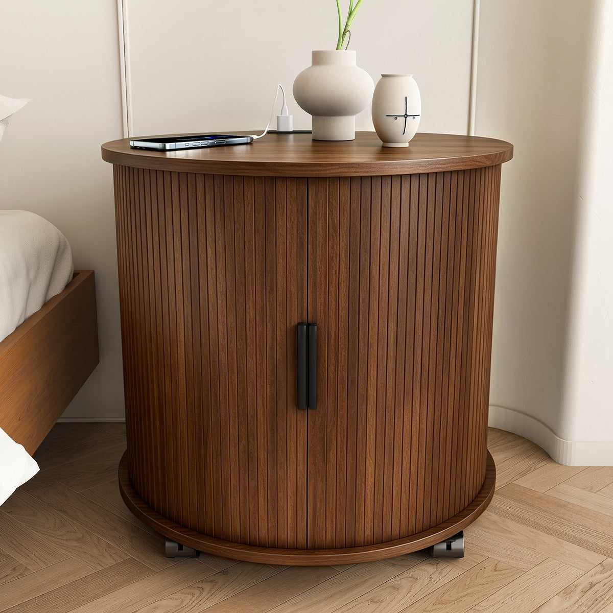 Mid Century Modern Cylinder End Table with Built-in Charging Station & Sliding Door, 2-Tier Storage Round Nightstand with USB Ports, Walnut Bedside Table for Living Room, Bedroom, Entryway