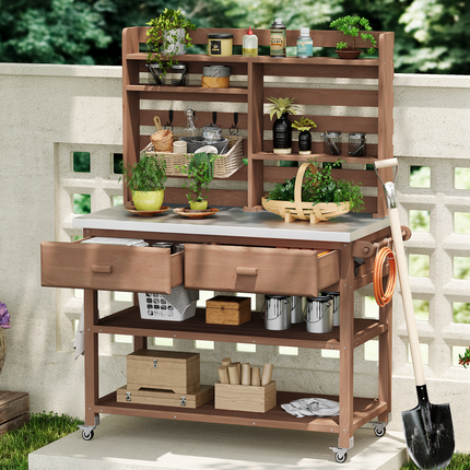 Solid Wood Outdoor Kitchen Island with Upper Hutch