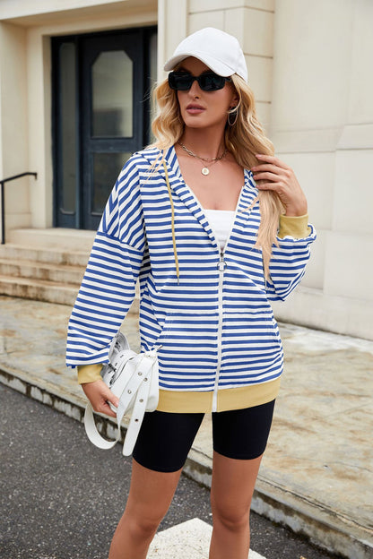 Striped Zipper Hooded Sweatshirt Fashion Loose Pockets Long-sleeved Jacket For Women Tops