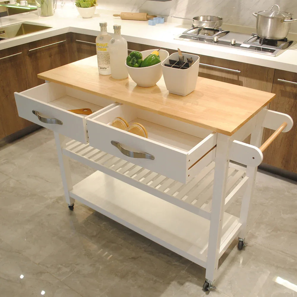 Kitchen Island & Kitchen Cart, Rubber Wood Top, Mobile Kitchen Island with Two Lockable Wheels, Simple Design for Easy Storing and Fetching, Two Drawers Give Unique Storage for Special Utensil. - Eloy Royal