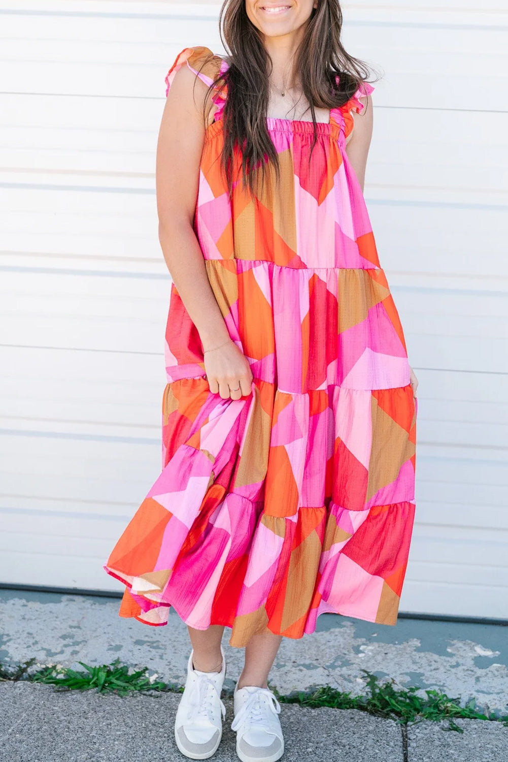 Multicolour Boho Geometric Ruffle Strap Tiered Midi Dress - Eloy Royal