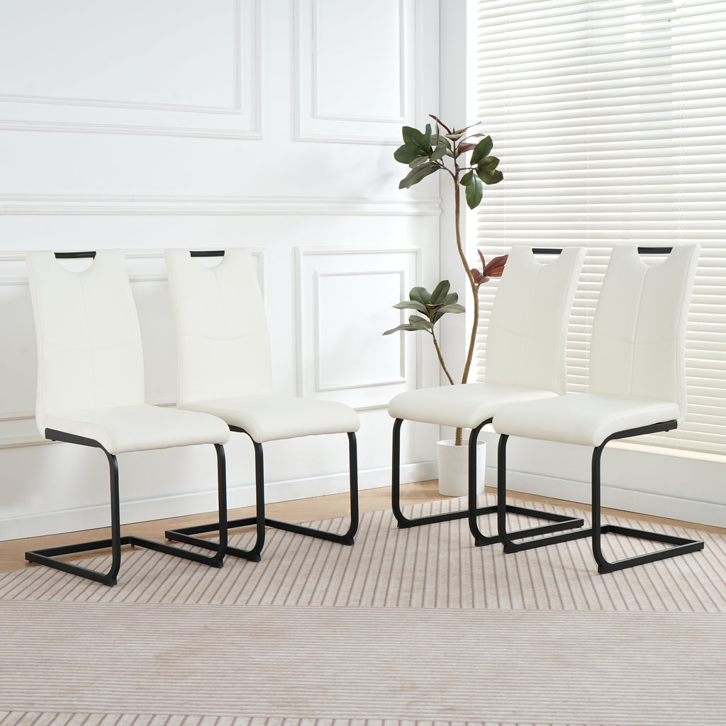 Modern White PU dining chair living room chair upholstered chair, black metal chair leg design, kitchen, living room, bedroom, dining room side chair (Set of 4)