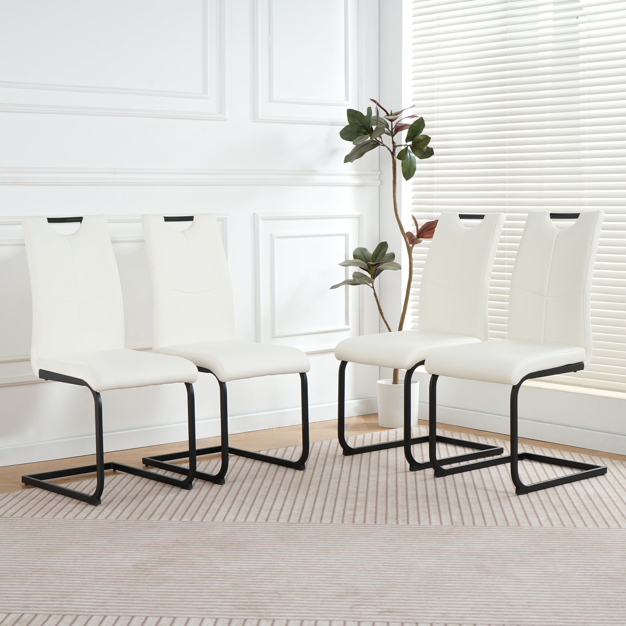 Modern White PU dining chair living room chair upholstered chair, black metal chair leg design, kitchen, living room, bedroom, dining room side chair (Set of 4)