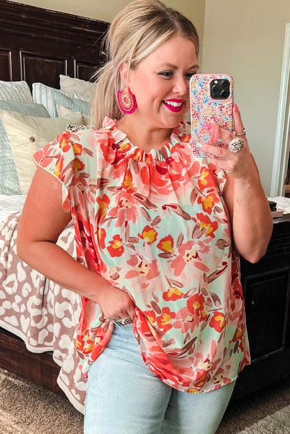 Red Plus Size Watercolor Floral Print Frill Neck Blouse - Eloy Royal