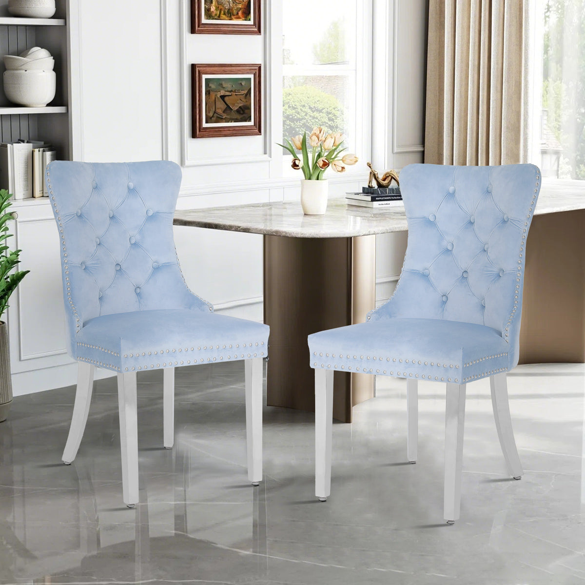 Rubberwood velvet ergonomic chairs, set of 2,blue,silver trim