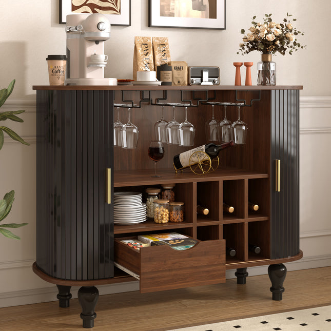 39' Fluted Liquor & Coffee Bar Cabinet with 6 Wine Racks and 3 Glass Holders, Mid-Century Modern Bar Cabinet with A Large Storage Drawer ,4 Hidden Storage Space on the Side , Black