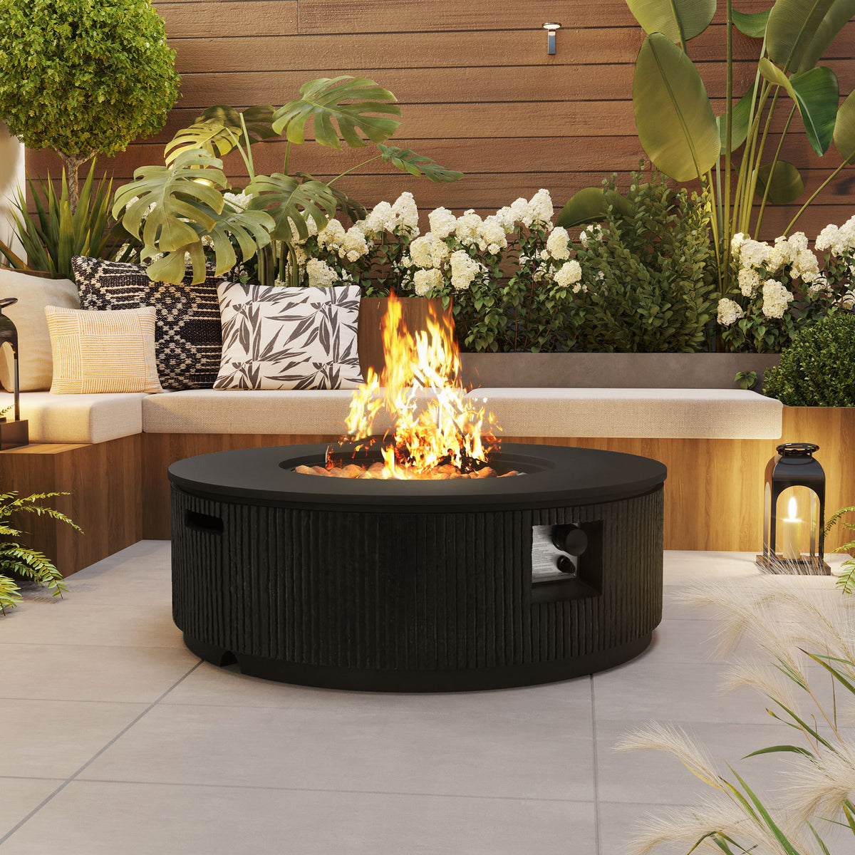U_Style 38.19'' MGO Propane Outdoor Fire Pit with Vertical Stripe Design, 50000 BTU Round Fire Pit Table with Steel Burner, Adjustable Flame Control, Lava Rocks & Rain Cover,Perfect for Patio&Backyard