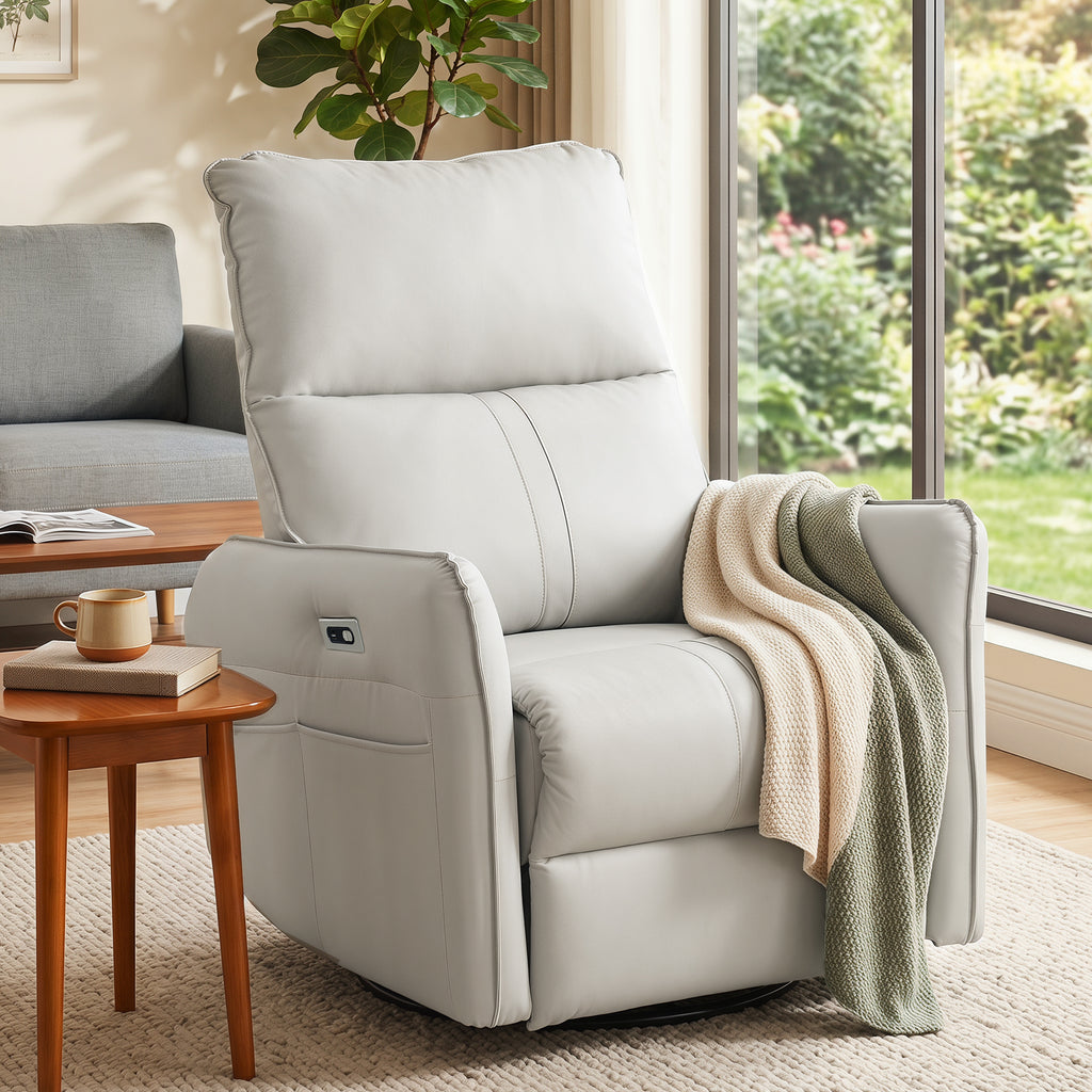 270° Power Swivel Rocker Recliner Chair, PU Leather Electric Glider Reclining Sofa with USB Ports, Power Swivel Glider, Rocking Chair,Nursery Recliners for Living Room Bedroom(Light Gray+270°Swivel)