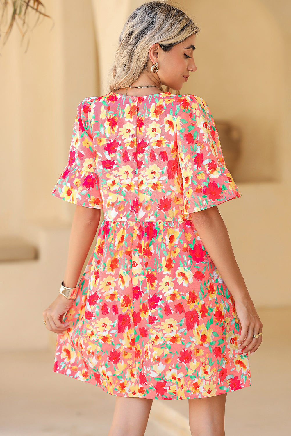 Multicolor Floral Print Flounce Sleeve Pleated Mini Dress - Eloy Royal