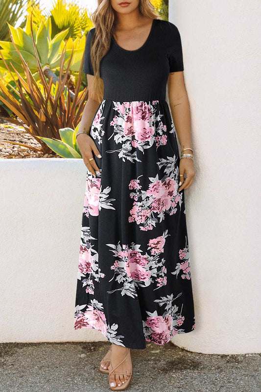 Black Contrast Floral Empire Waist Maxi Dress