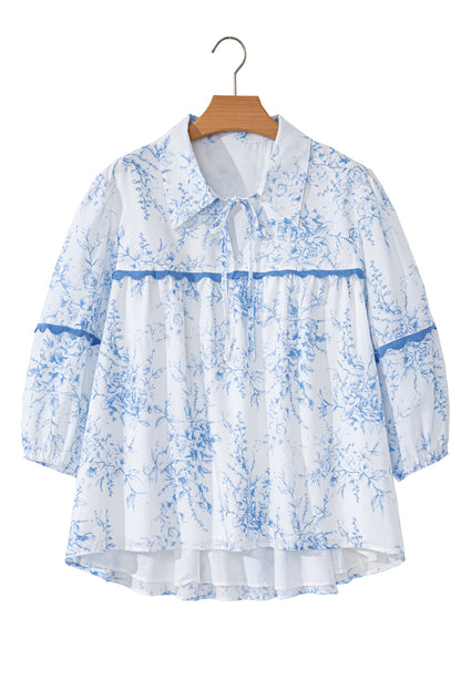 Sky Blue Floral 3/4 Sleeve Lace-up Collar Blouse