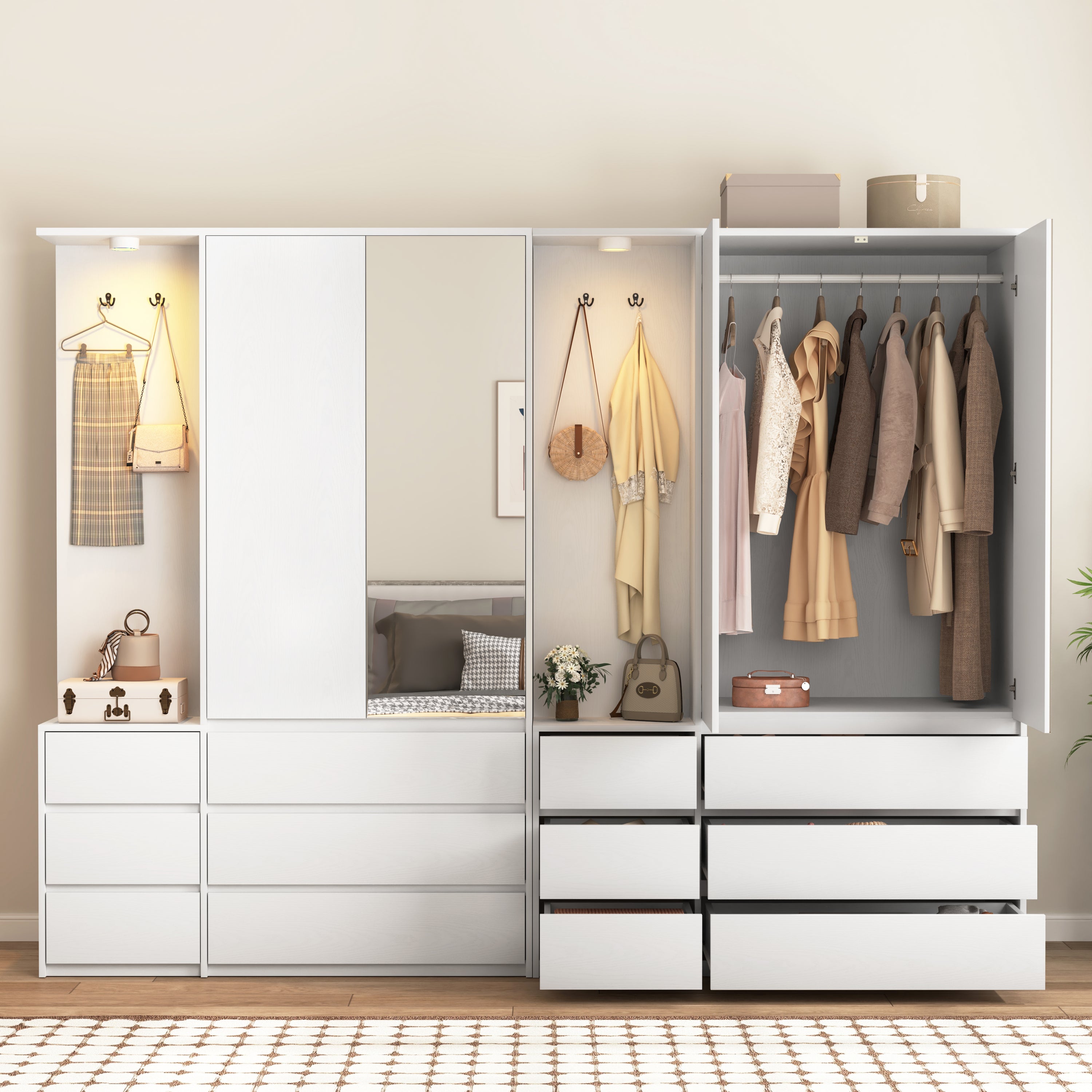 Wardrobe Closet 70.8' H, Bedroom Wooden Wardrobe with 3 Doors 2 Drawers, Modern Clothing Storage Cabinet Combination with Storage Shelves and Hanging Rail, White