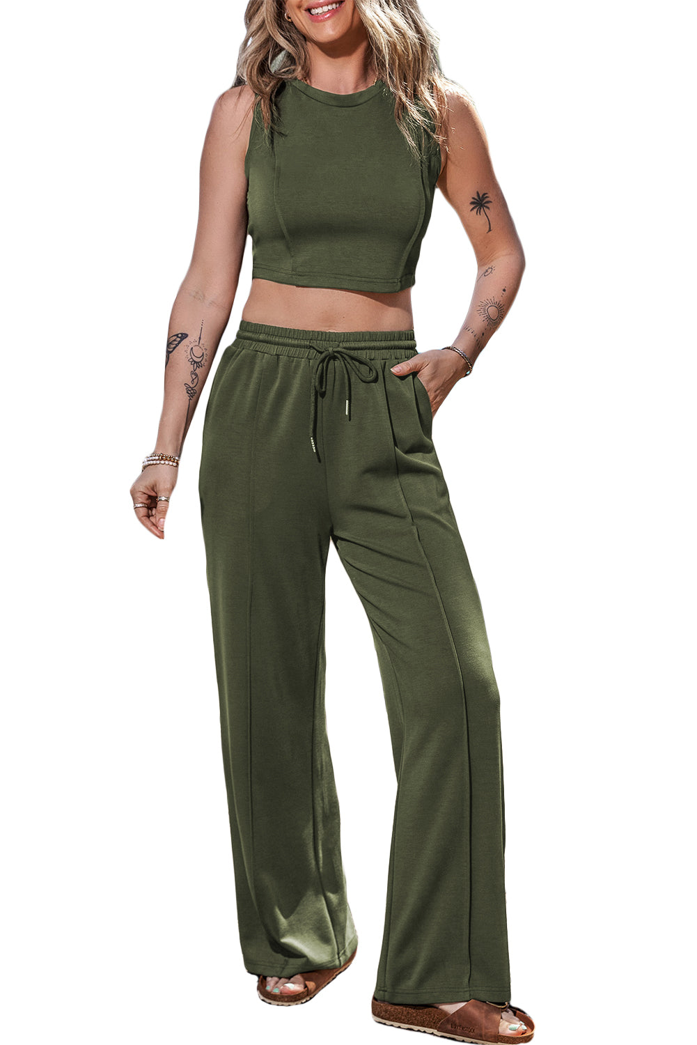 Jungle Green Solid Cropped Tank Top and Wide Leg Pants Set - Eloy Royal