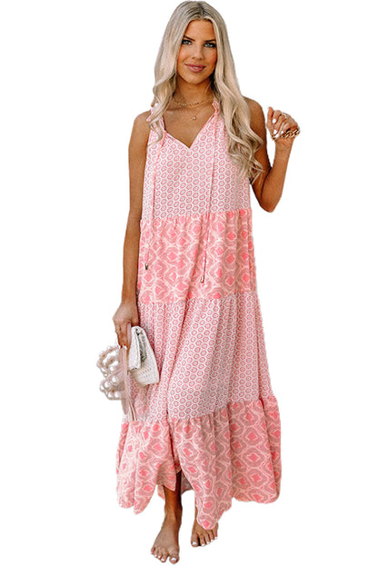 Pink Abstract Print Patchwork Sleeveless V Neck Tiered Dress - Eloy Royal