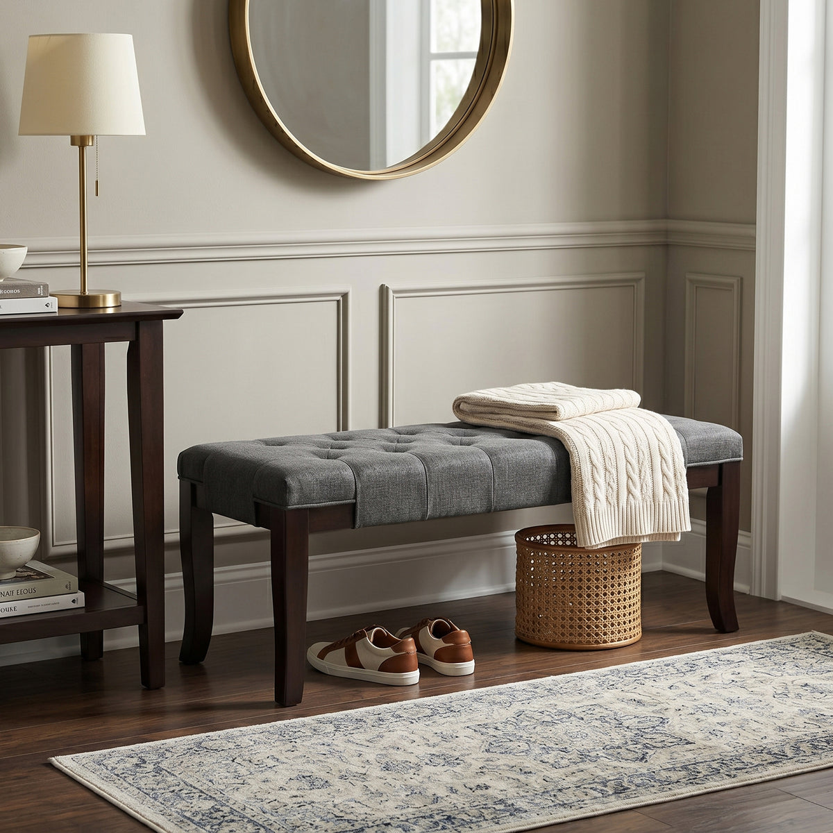 Linon Tufted Bench, Fabric, Gray
