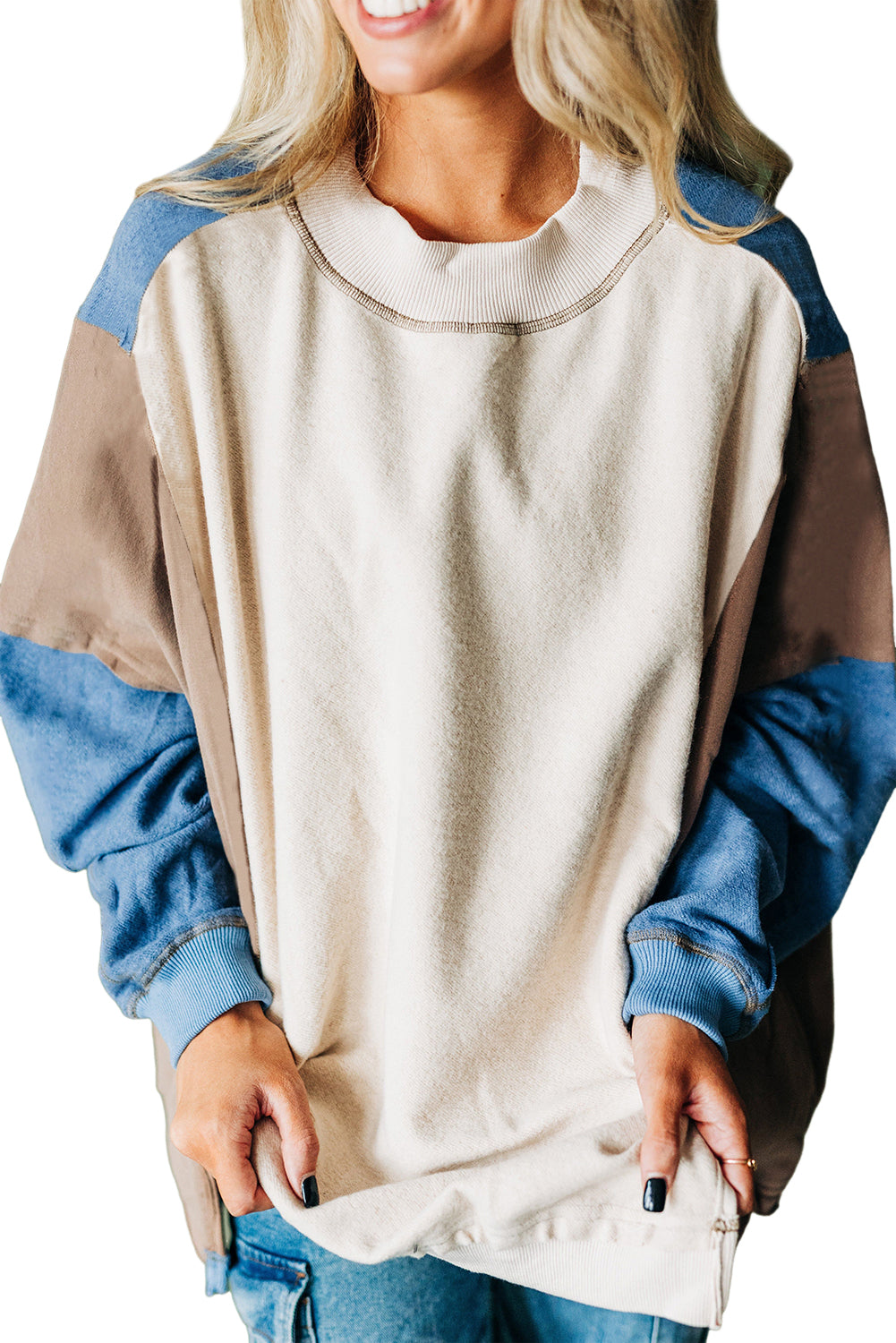 Sky Blue Colorblock Exposed Seam Patchwork Oversized Sweatshirt