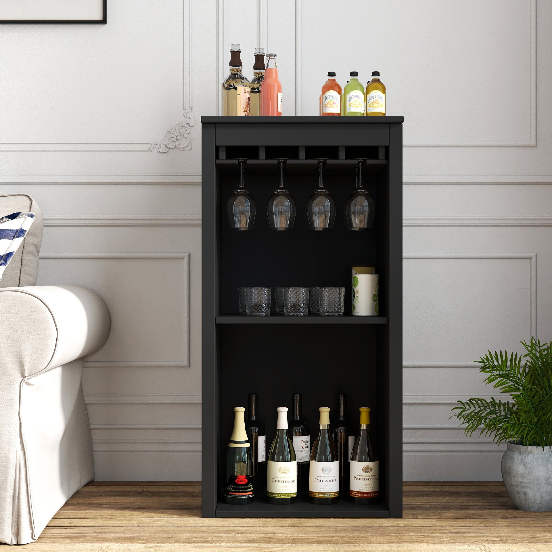 Black color modular wine bar Cabinet with Storage Shelves with Hutch for Dining Room