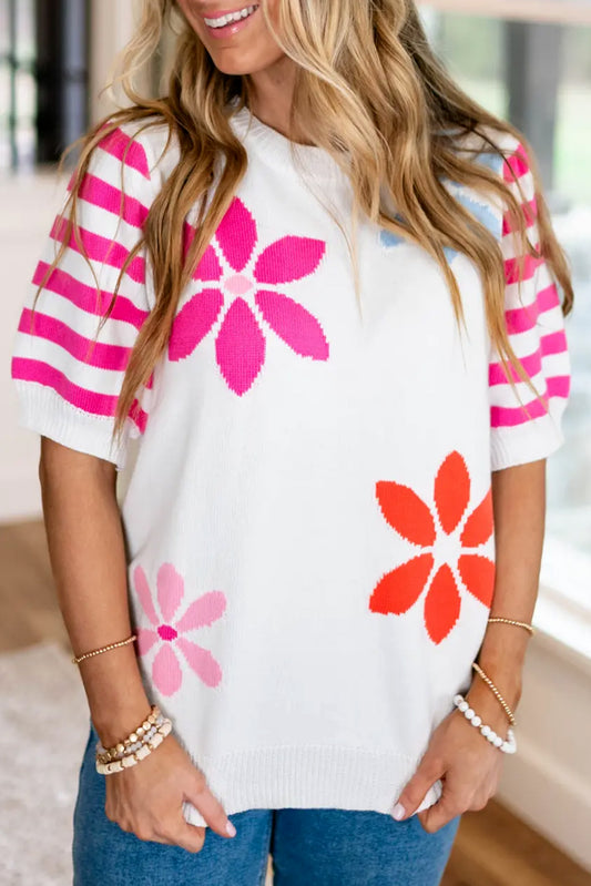 White Colorful Floral Print Striped Sleeve Knitted Tee - Eloy Royal