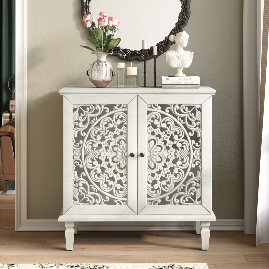 Vintage Hollow-Carved Accent Cabinet, 2-Door Display Storage Sideboard with Symmetrical Floral Design, Adjustable Shelf and Solid Wood Legs for Living Room Entryway(Antique Grey White)