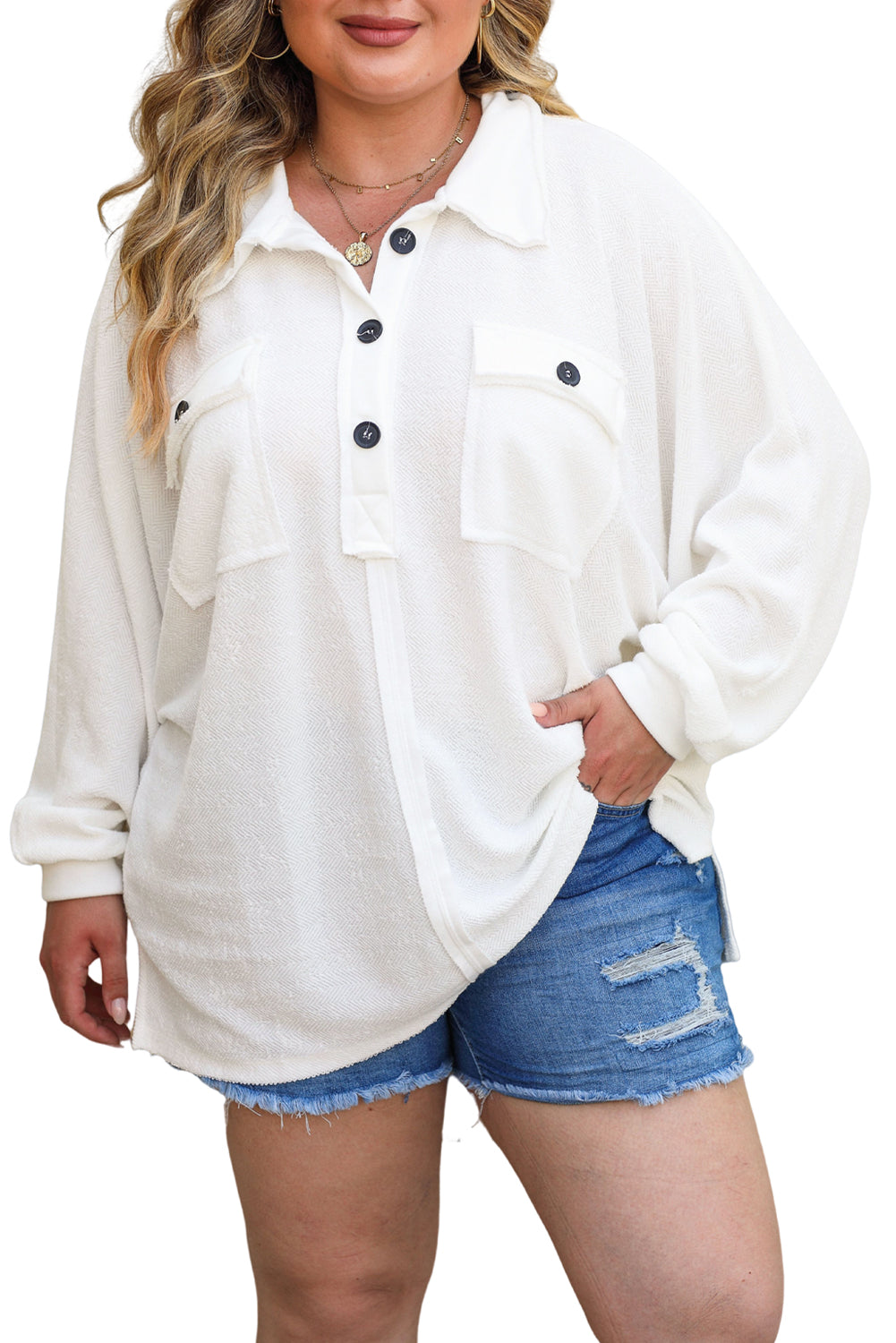 White Plus Size Long Sleeve Flap Pocket Henley Top - Eloy Royal