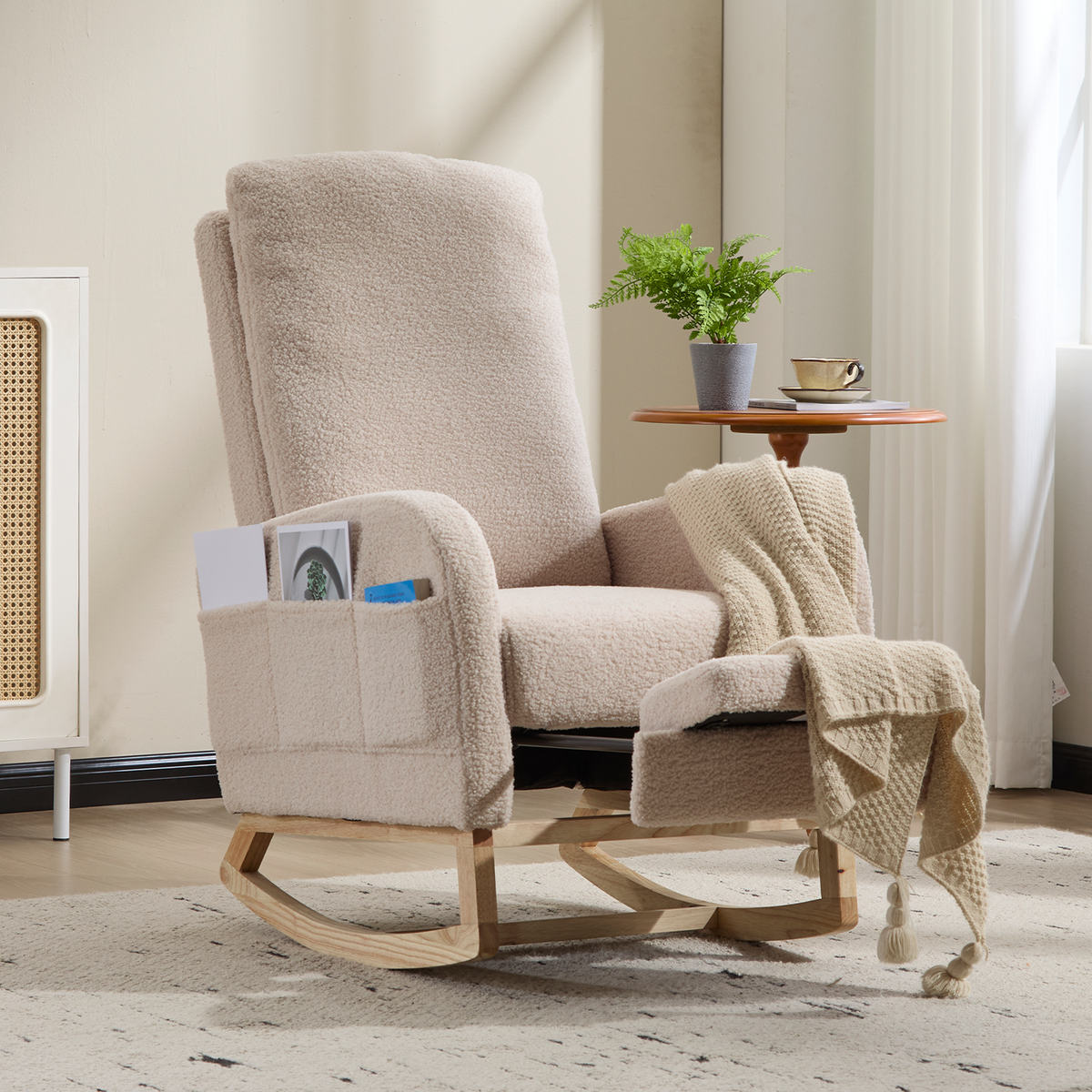 Breastfeeding High Back Teddy Fleece Glider, Nursery Rocker w/ Curved Wood Base, Side Pocket & Detachable Footrest, Ergonomic Chair Relieves Back Soreness for Moms Feeding, Napping & Lounge, Beige.