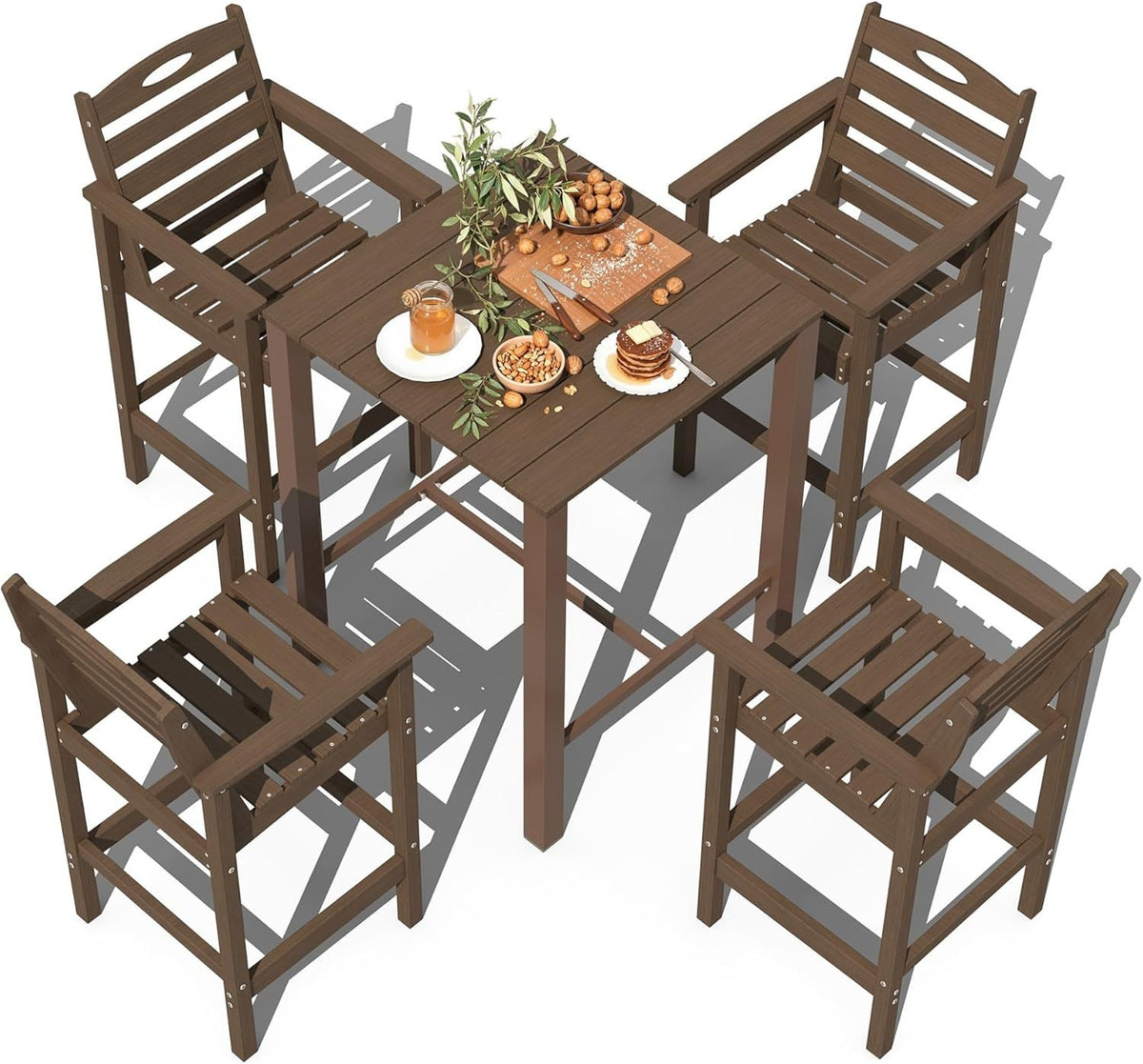 HDPE Adirondack Patio Table and Chairs Set of 5, Outdoor HDPE Patio Bar Set, All Weather Bar Chairs and Table Set for Patio, Balcony, Backyard, Poolside, Brown