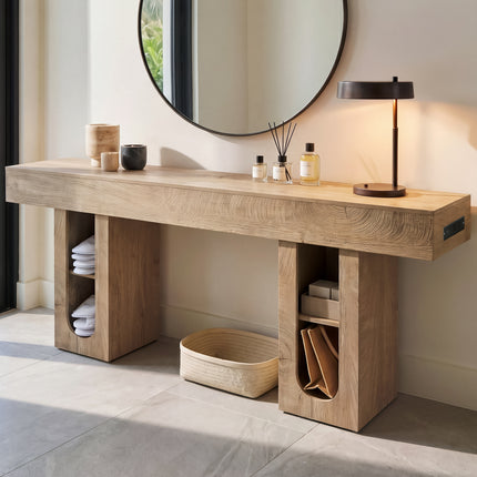 71 Inch Long Console Table with Outlet, Entryway Table with Storage Shelves, Thick Heavy Duty High Density MDF Farmhouse Sofa Table for Hallway Behind Couch,Living Room,Wood