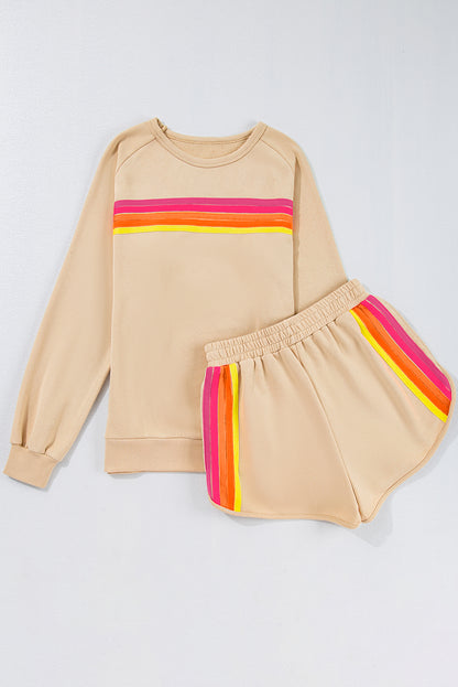 Bonbon Colorful Striped Long Sleeve Pullover and Shorts Set