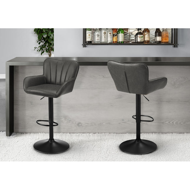 Barstool, Set Of 2, Swivel, Adjustable, Bar Height, Counter Height, Kitchen, Grey Leather Look, Black Metal, Contemporary, Modern