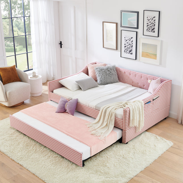 Full‑Size Daybed,Upholstered Convertible Daybed with Tufted Button Backrest, 3‑in‑1 Versatile Sofa Bed with Pull‑Out Trundle & Side Storage, Perfect for Compact Living-Pink