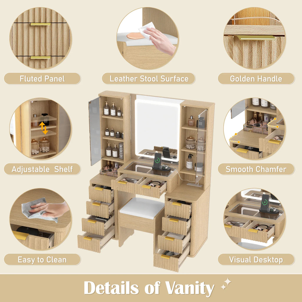 43.5' Fluted Makeup Vanity Desk with Mirror and Lights, Modern Glass Top Vanity Table with 10 Drawers & 2 Transparent Glass Cabinets, Dressing Table Set with Stool and Charging Station, Oak - Eloy Royal