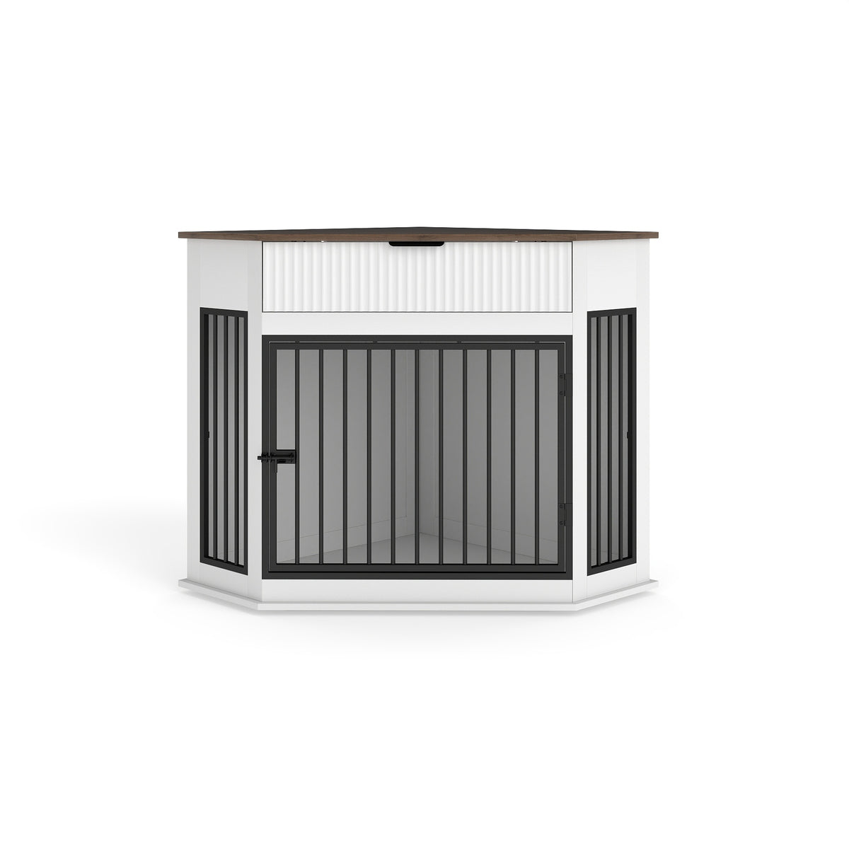 44.6'' Corner MDF Dog Crate Furniture for Small/Medium Dogs, Decorative Dog Kennel End Table with Fluted Drawer Storage, Modern Space-Saving Dog Cage Cabinet for Home Décor Indoor(White)