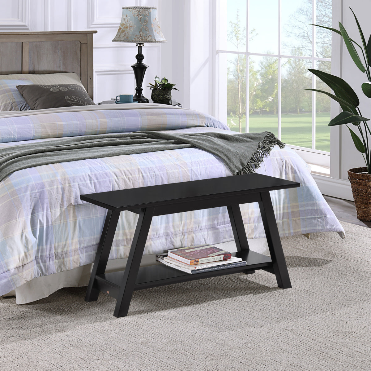 Elyz Solid Wood Bench with Shelf, 36.1' Long, Espresso