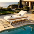White Iron + Teak Finish Chaise Lounge Set with Cream Cushion, 400 lbs Capacity, 4' Thick 2-Fold Water-Resistant Cushion, Adjustable Backrest with Flat Storage Surface for Patio Poolside Backyard