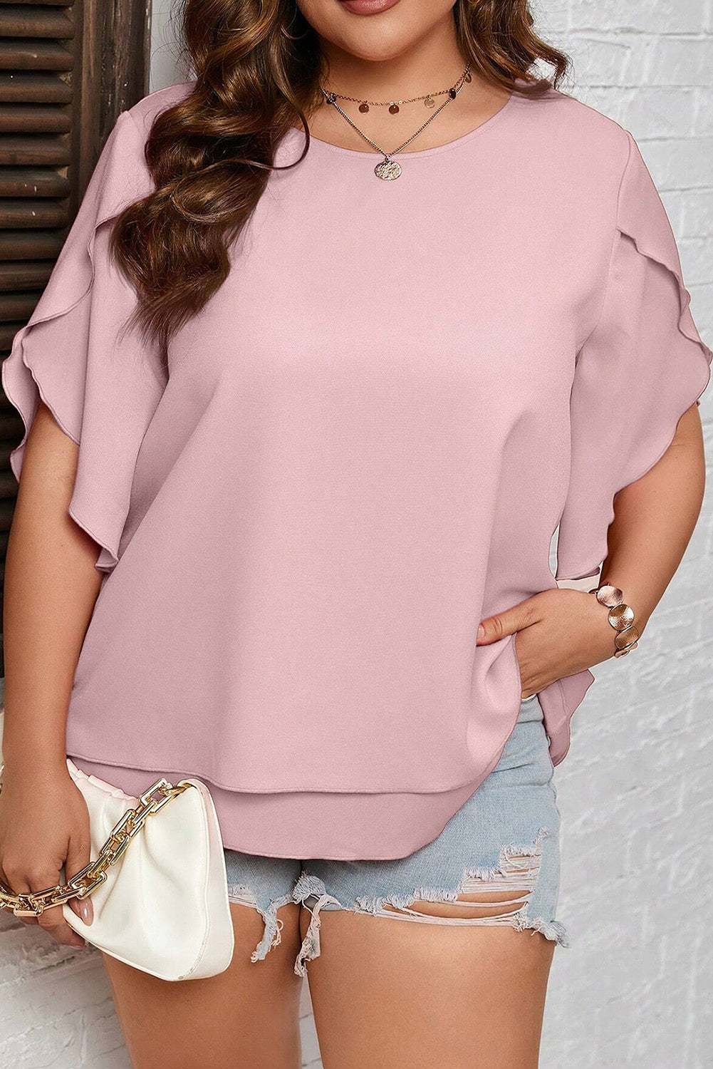 Light Pink Plus Size Frilly Overlap Sleeve Double Layered Blouse - Eloy Royal